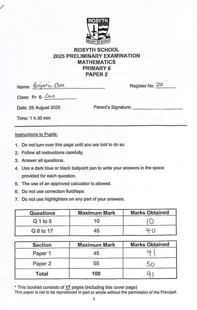 Benjamin P6 Math 91% Magnificent AL1